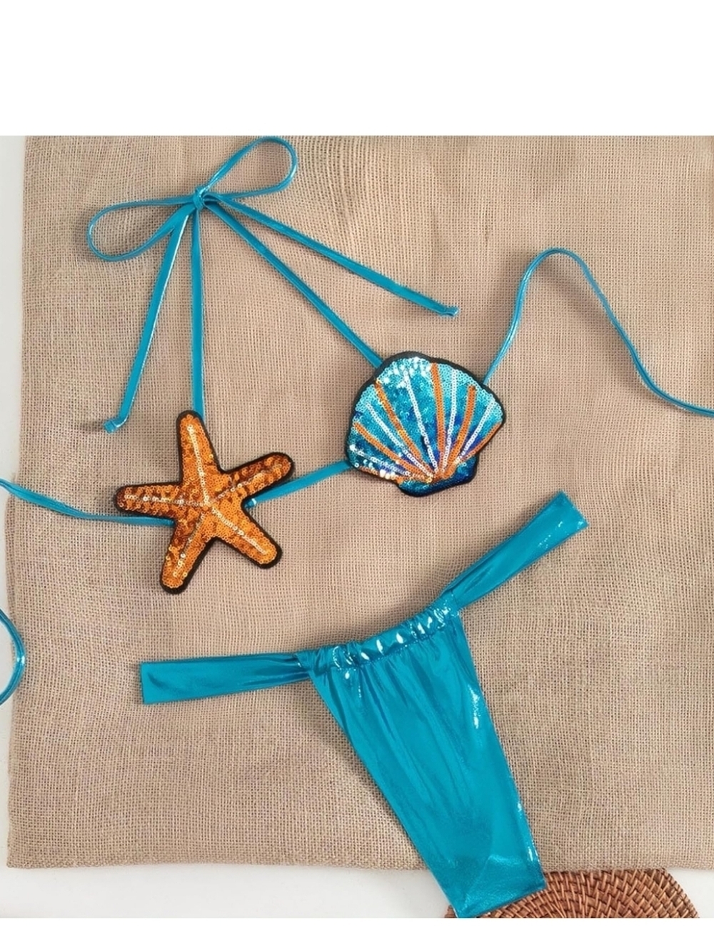 Sequin Shell & Starfish Bikini Top with Turquoise Metallic Bottom